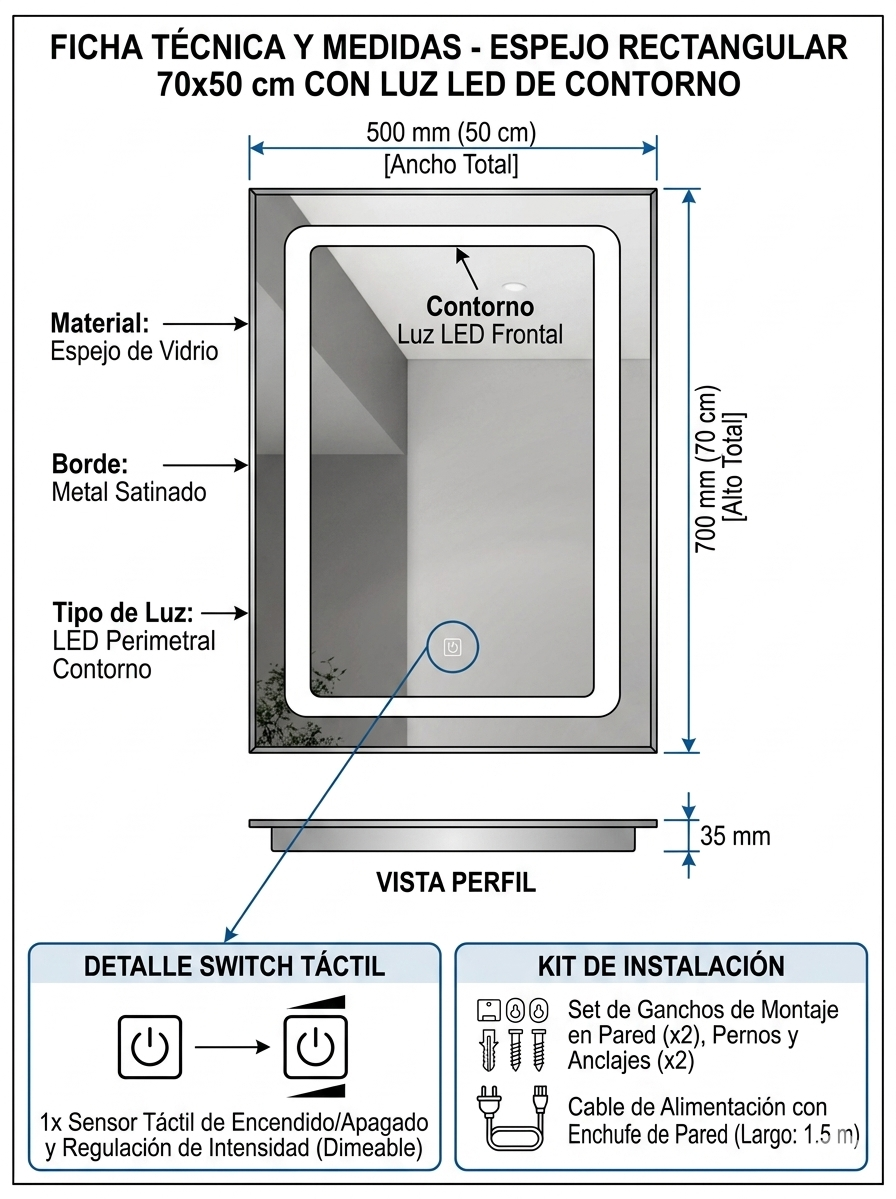 Espejo LED 70x50 cm con Luz Perimetral Täumm: medidas