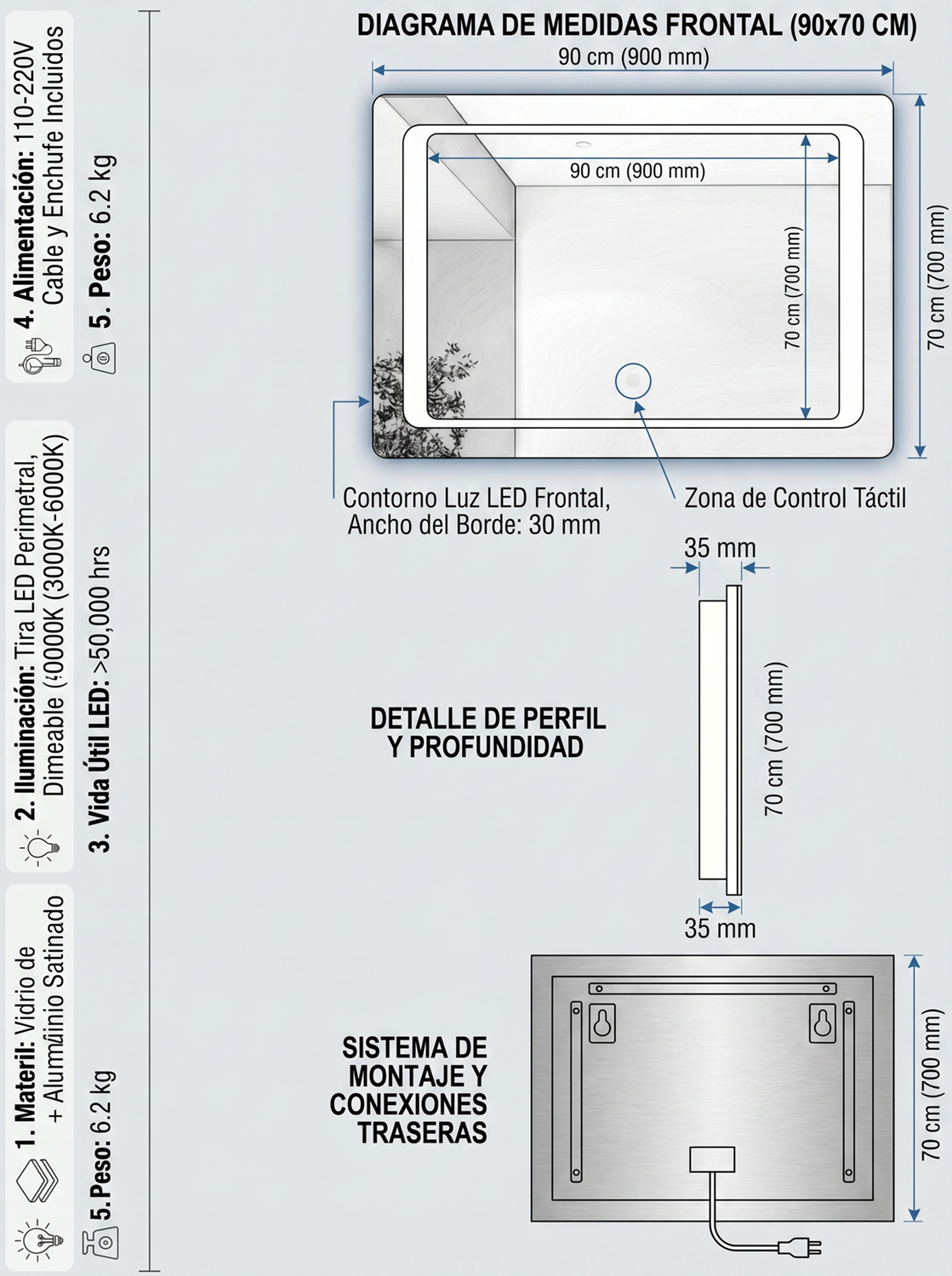 Espejo LED 90x70 cm con Luz de Contorno Täumm: medidas