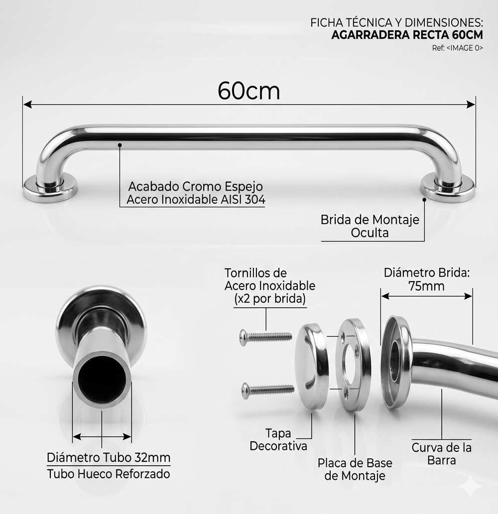 Agarradera de Seguridad 60 cm Acero Inox Täumm: medidas