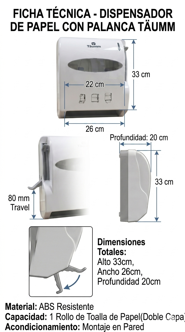 Dispensador de Papel Toalla con Palanca Täumm: medidas