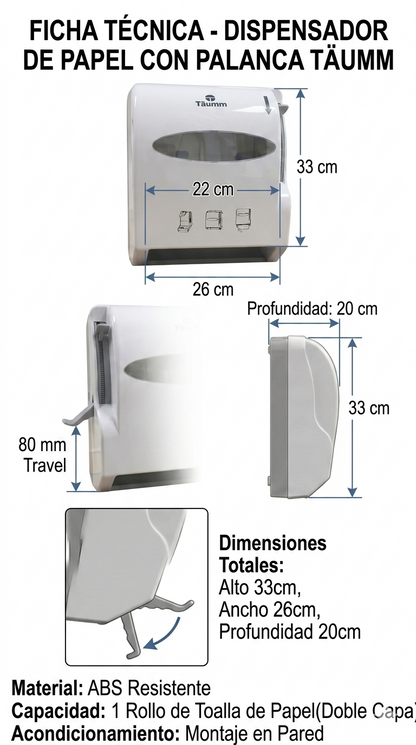 Dispensador de Papel Toalla con Palanca Täumm: medidas