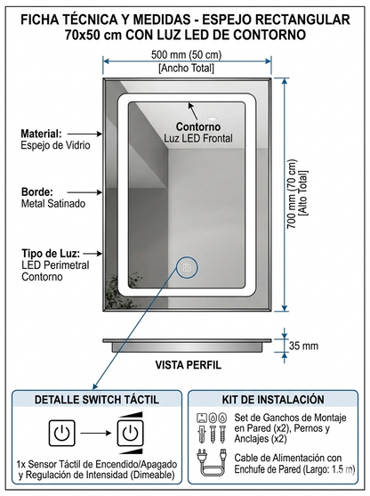 Espejo LED 70x50 cm con Luz Perimetral Täumm: medidas