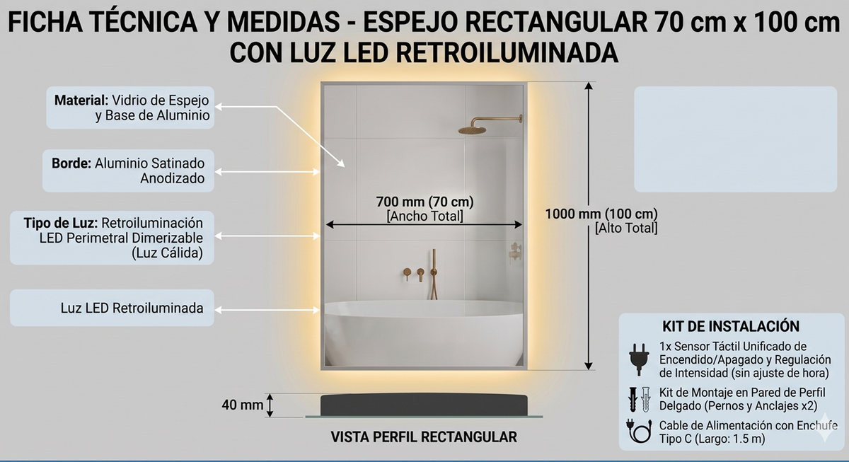 Espejo LED 70x100 cm con 3 Tonos de Luz Täumm: medidas