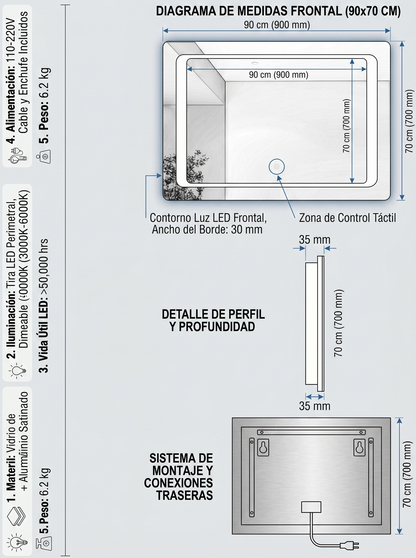 Espejo LED 90x70 cm con Luz de Contorno Täumm: medidas