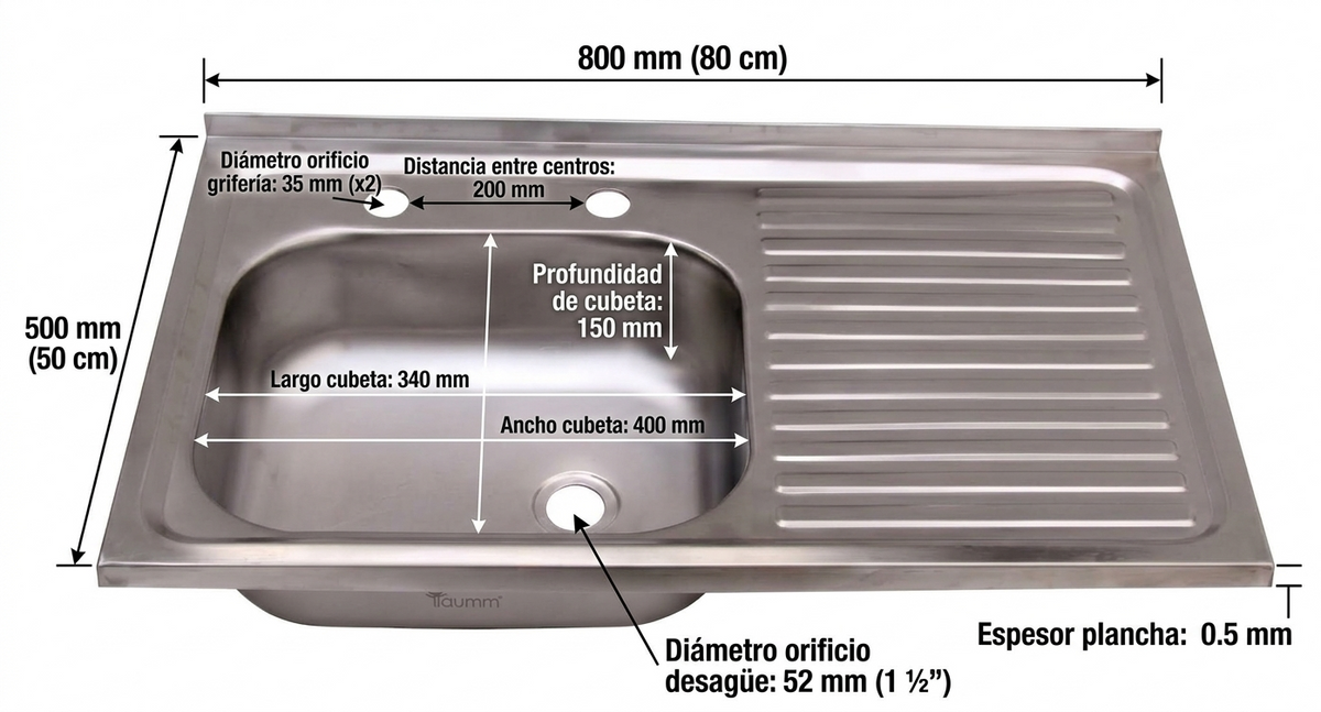 Lavaplatos Sobreponer 80x50 2 Perforaciones Täumm: medidas