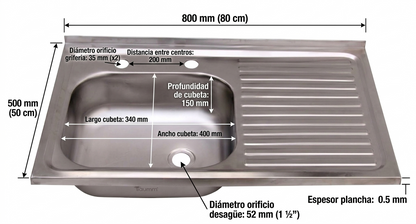 Lavaplatos Sobreponer 80x50 2 Perforaciones Täumm: medidas