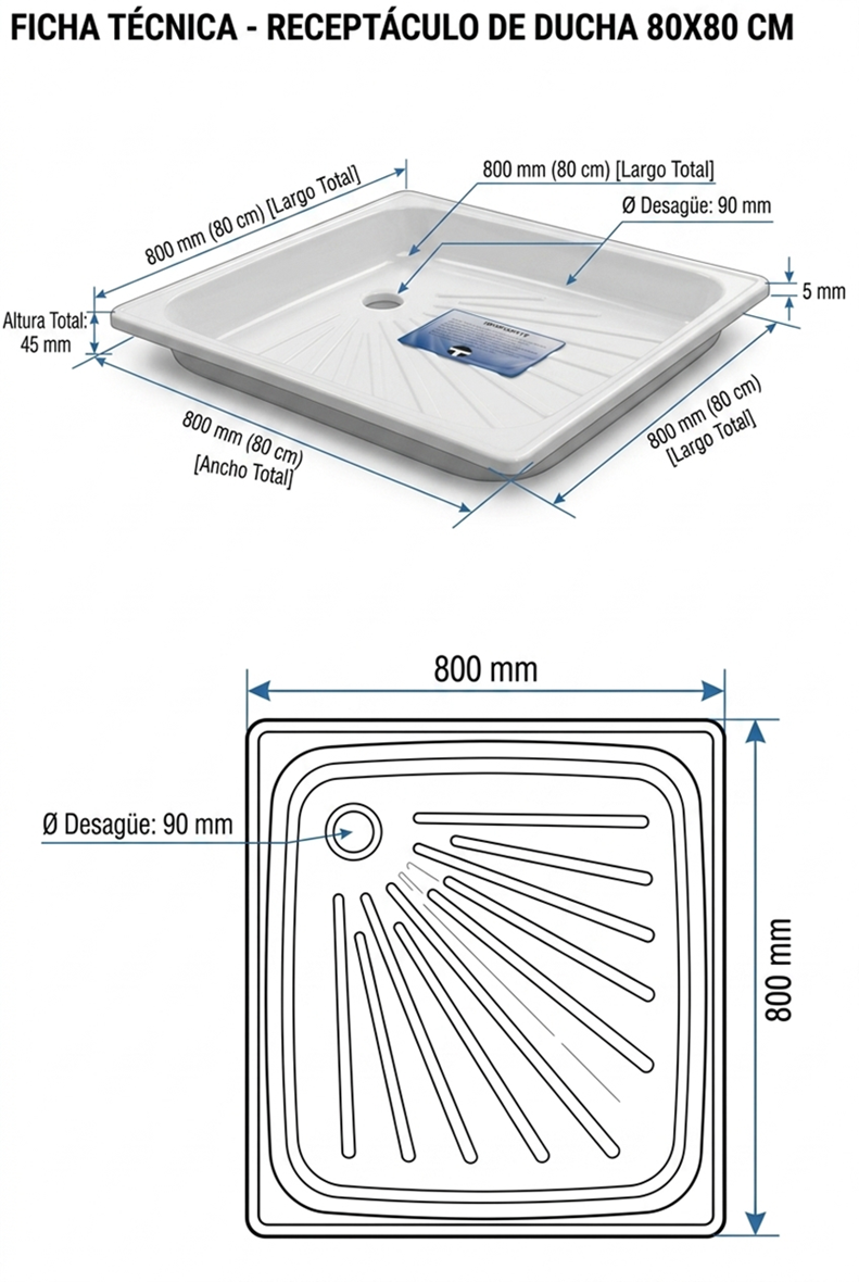 Receptáculo de Ducha 80x80 cm Acero Täumm: medidas