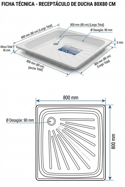 Receptáculo de Ducha 80x80 cm Acero Täumm: medidas